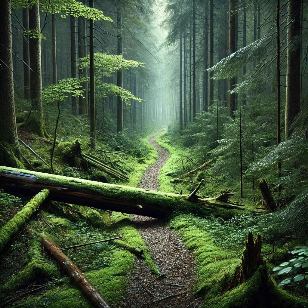 A fallen tree across a path